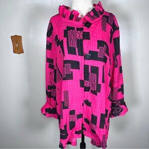 Ali Miles Pink Abstract Art Print Button Front Ruffled 3/4 Sleeve Top Size XL